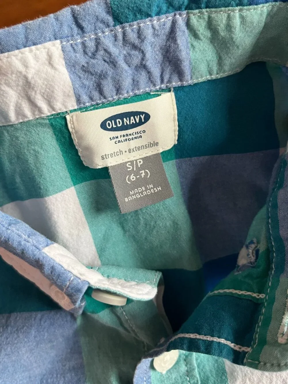 Old Navy green and blue plaid shirt S 6-7